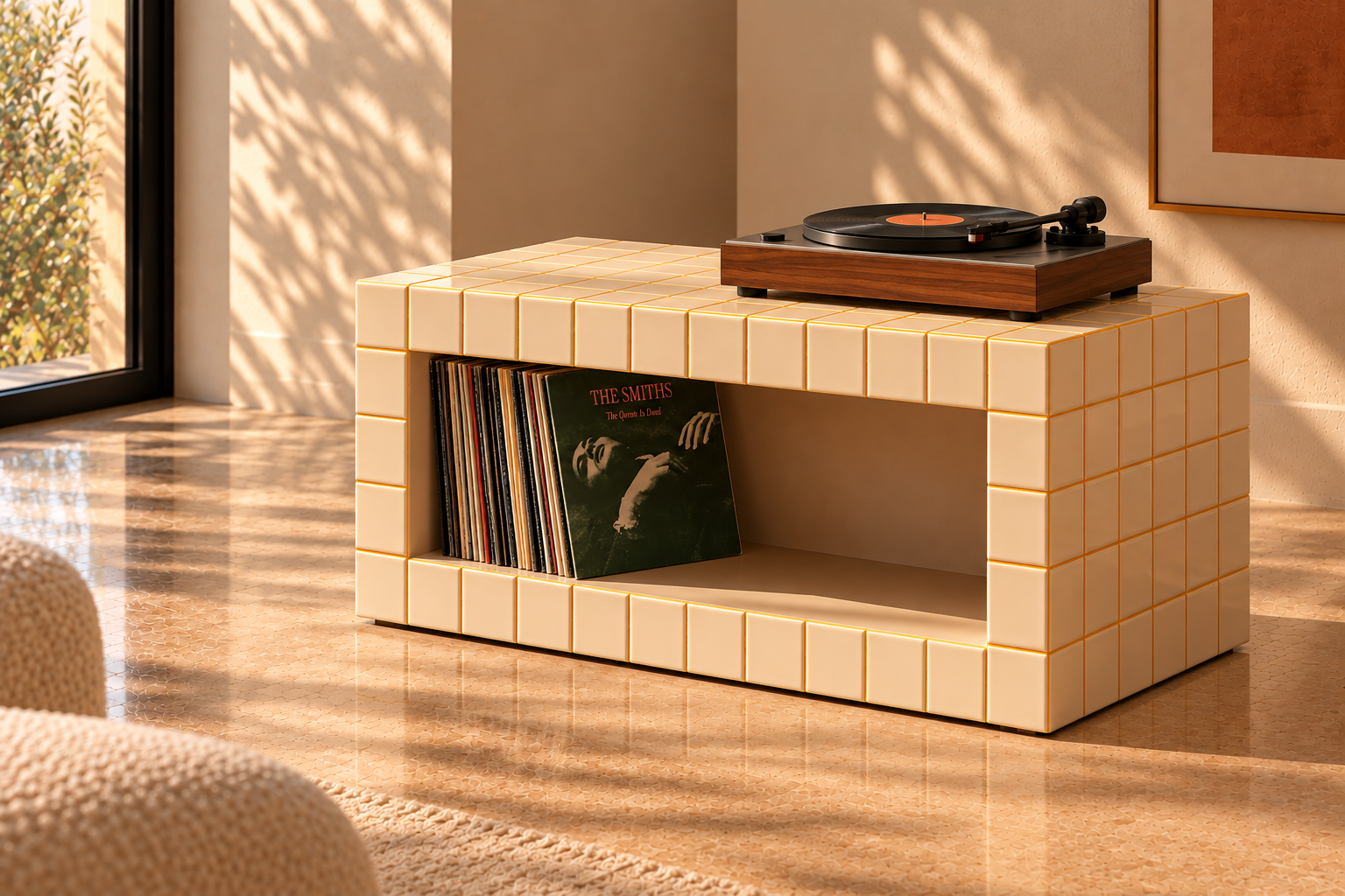 Console carrelée crème avec niche ouverte