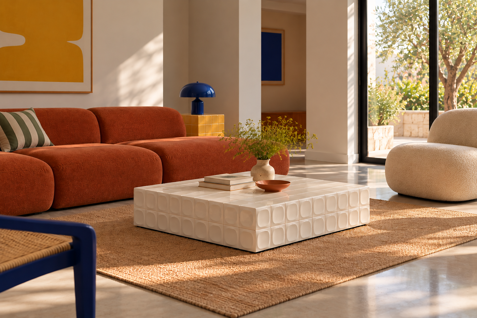 Grande table basse carrelée crème à carreaux bombés