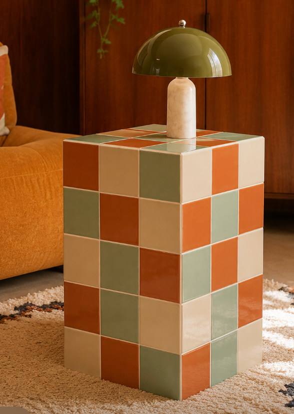 Cube carrelé en damier orange, vert et crème
